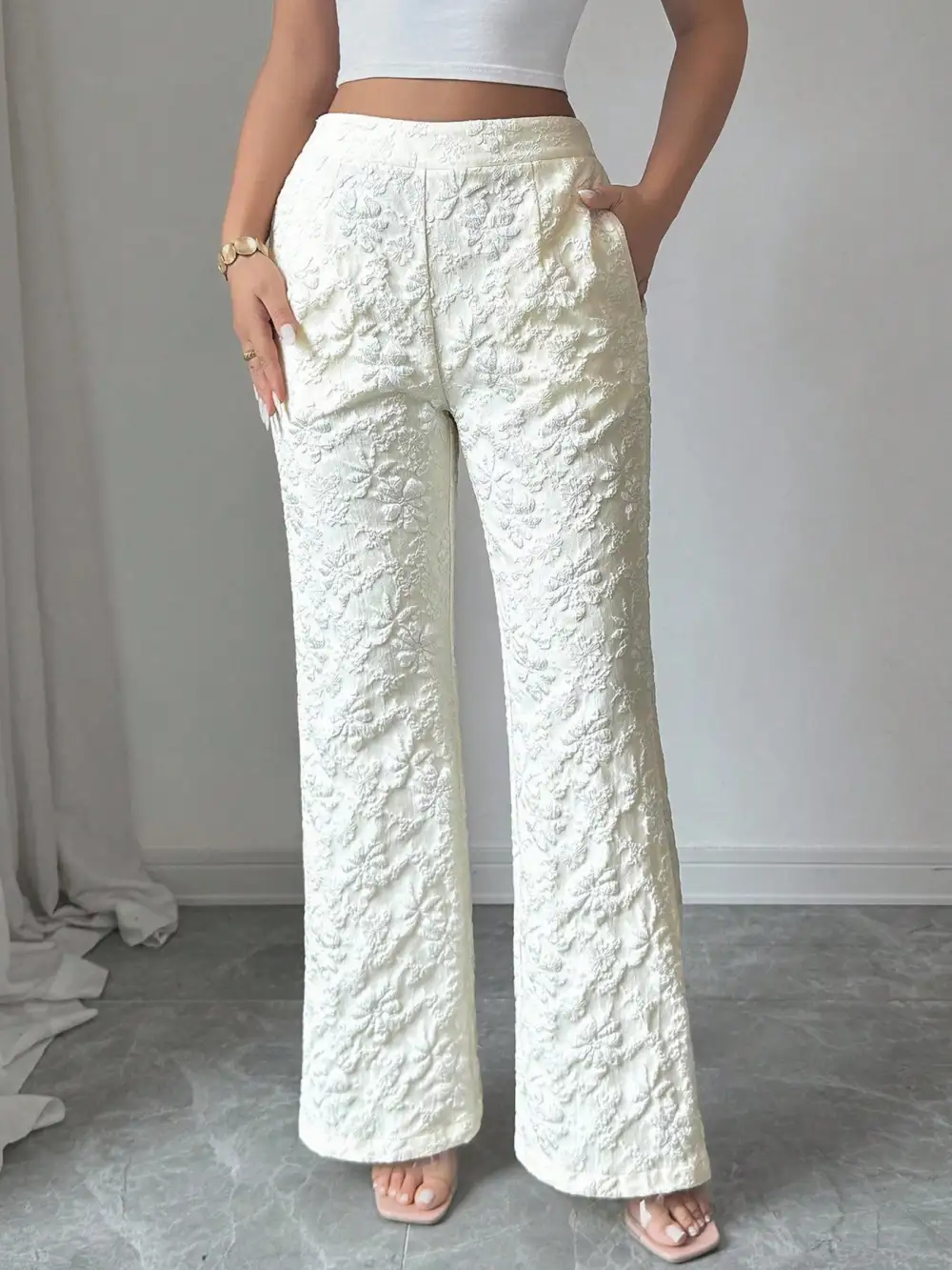 Textured High Waist Wide Leg Pants