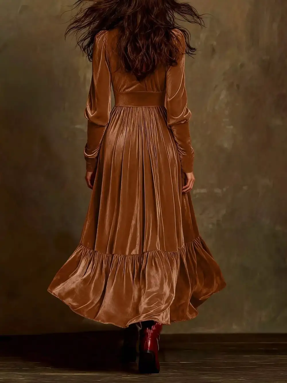 Elegant Velvet V Neck Long Sleeve Maxi Dress