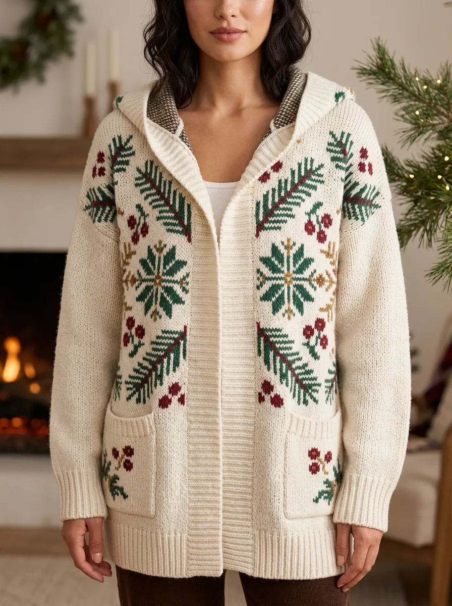 Christmas Snowflake Pine Berry Pattern Print Hooded Cardigan
