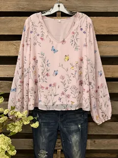 Butterfly Floral V-Neck Women's Loose Printed Blouse