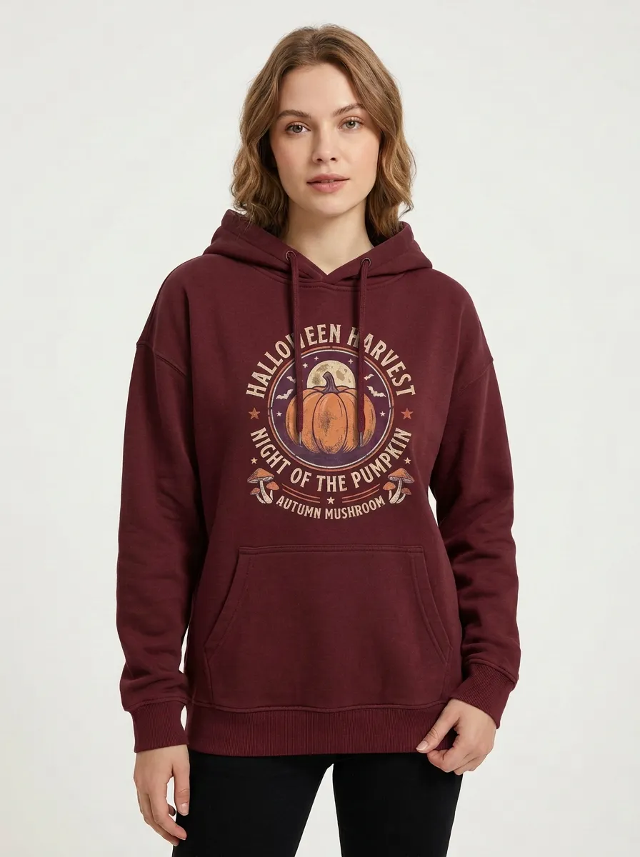 Women's Halloween Pumpkin Mushroom Harvest Printed Hoodie