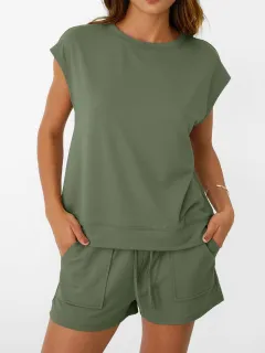 Tailored Drawstring Pocketed Top and Shorts Matching Set