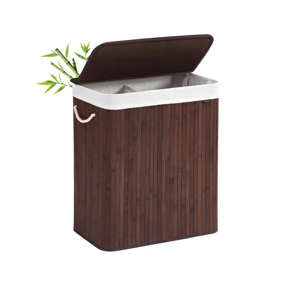 Lidded Divided Bamboo Laundry Storage Hamper