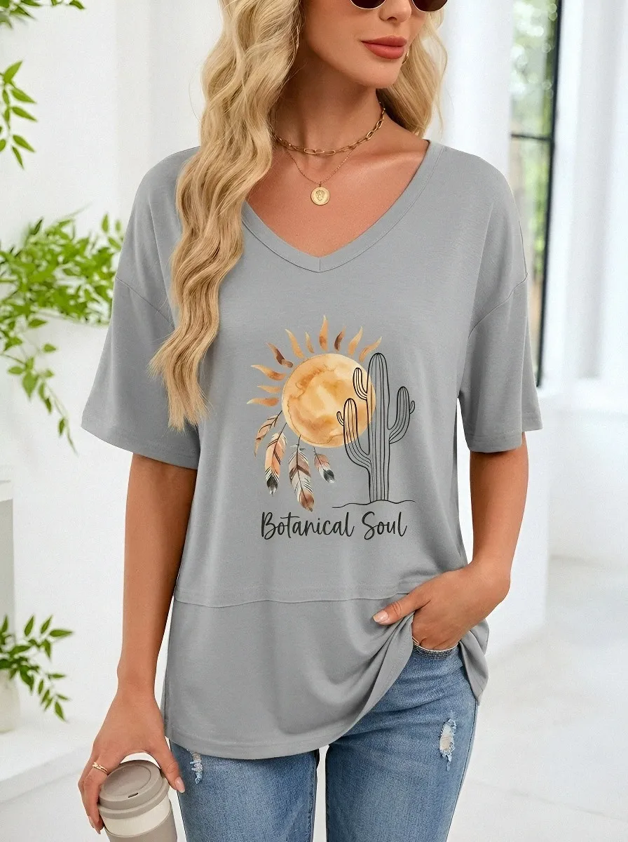 Women's Botanical Soul Cactus Sun Feather Printed V-neck T-shirt