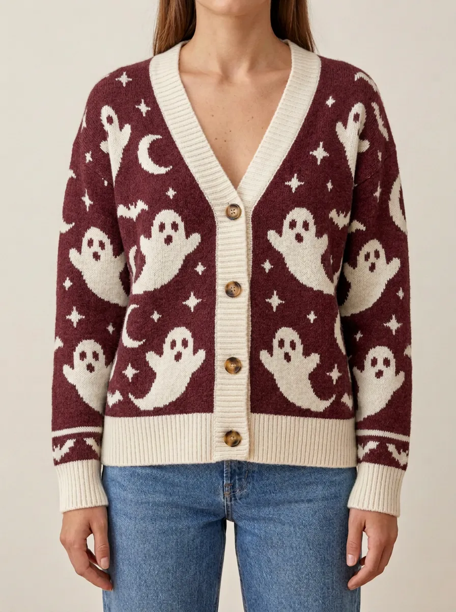 Women's Nightfall Halloween Ghost Moon Star Knit Cardigan