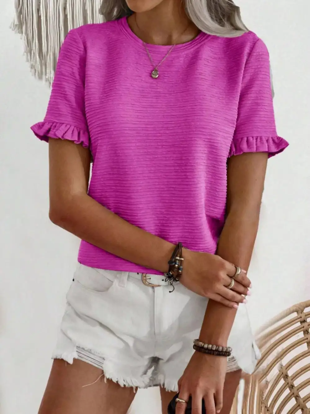 Textured Ruffle Sleeve Round Neck Blouse