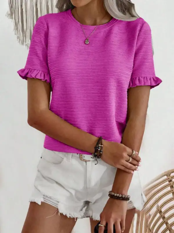 Textured Ruffle Sleeve Round Neck Blouse