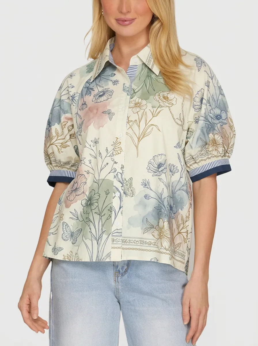 Women's Botanical Butterfly Floral Printed Puff Sleeve Shirt