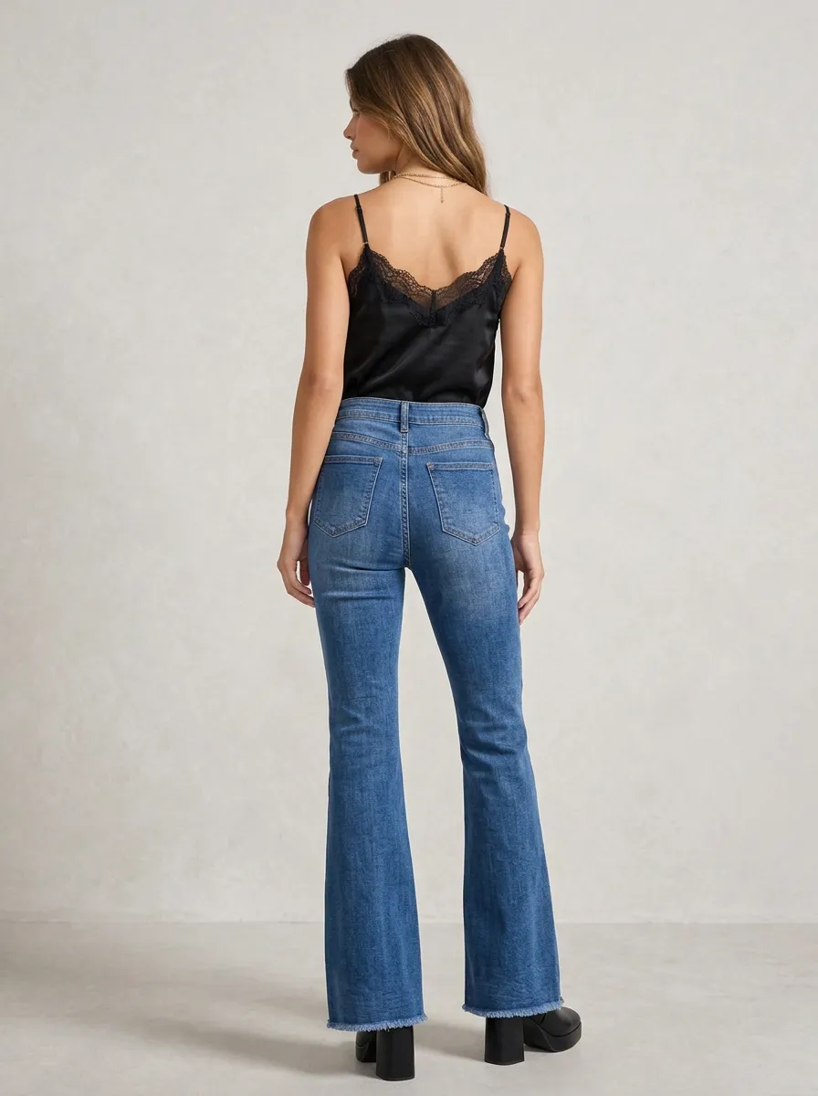 Women's High-Waisted Vintage Wash Raw Hem Flared Jeans