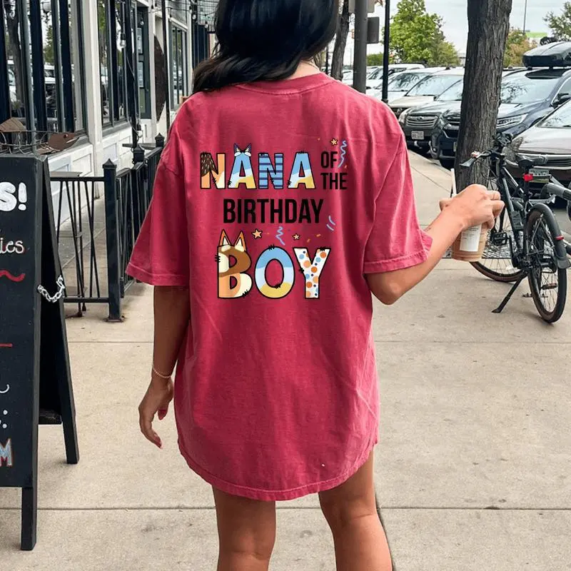 Nana Of The Birthday Boy Party Blue Dog Lover Matching Women's Oversized Comfort T-Shirt Back Print