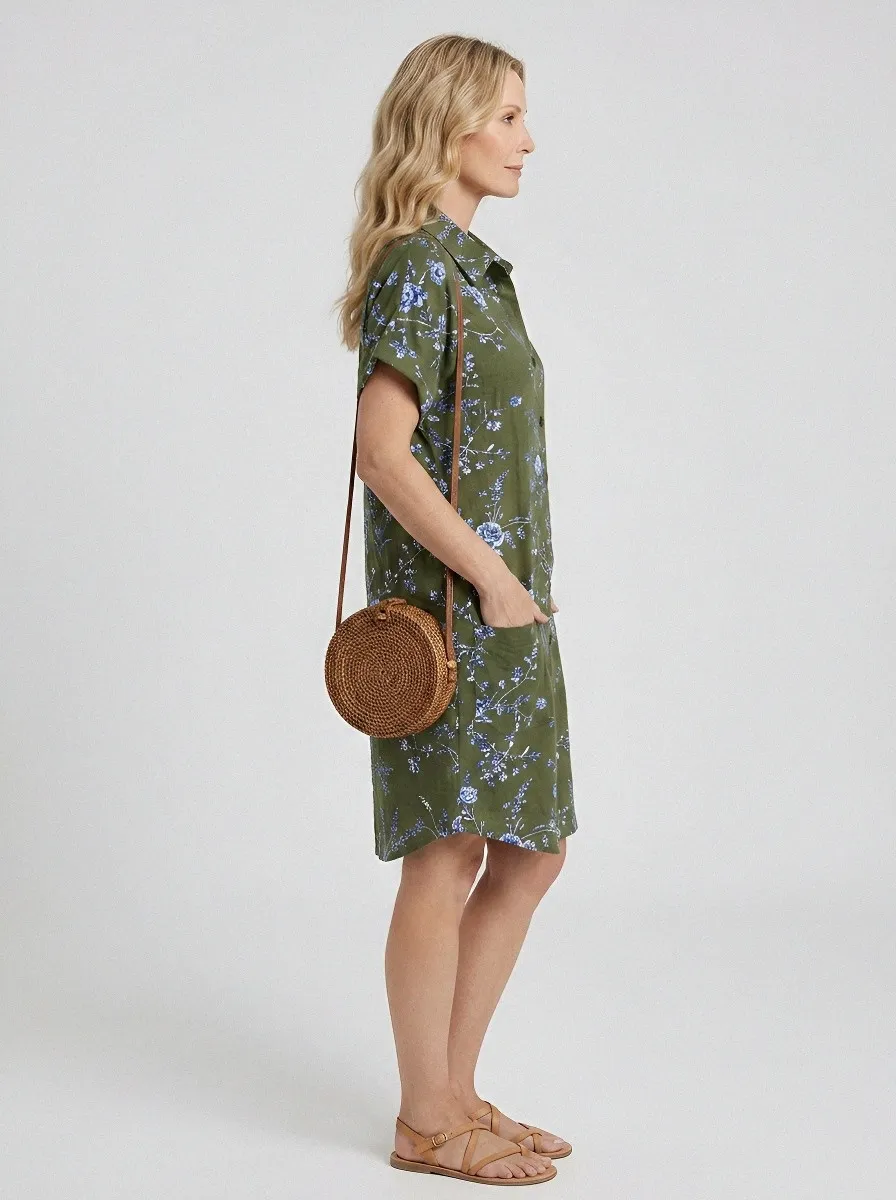 Women's Summer Vacation Blue Floral Olive Green Printed Shirt Dress