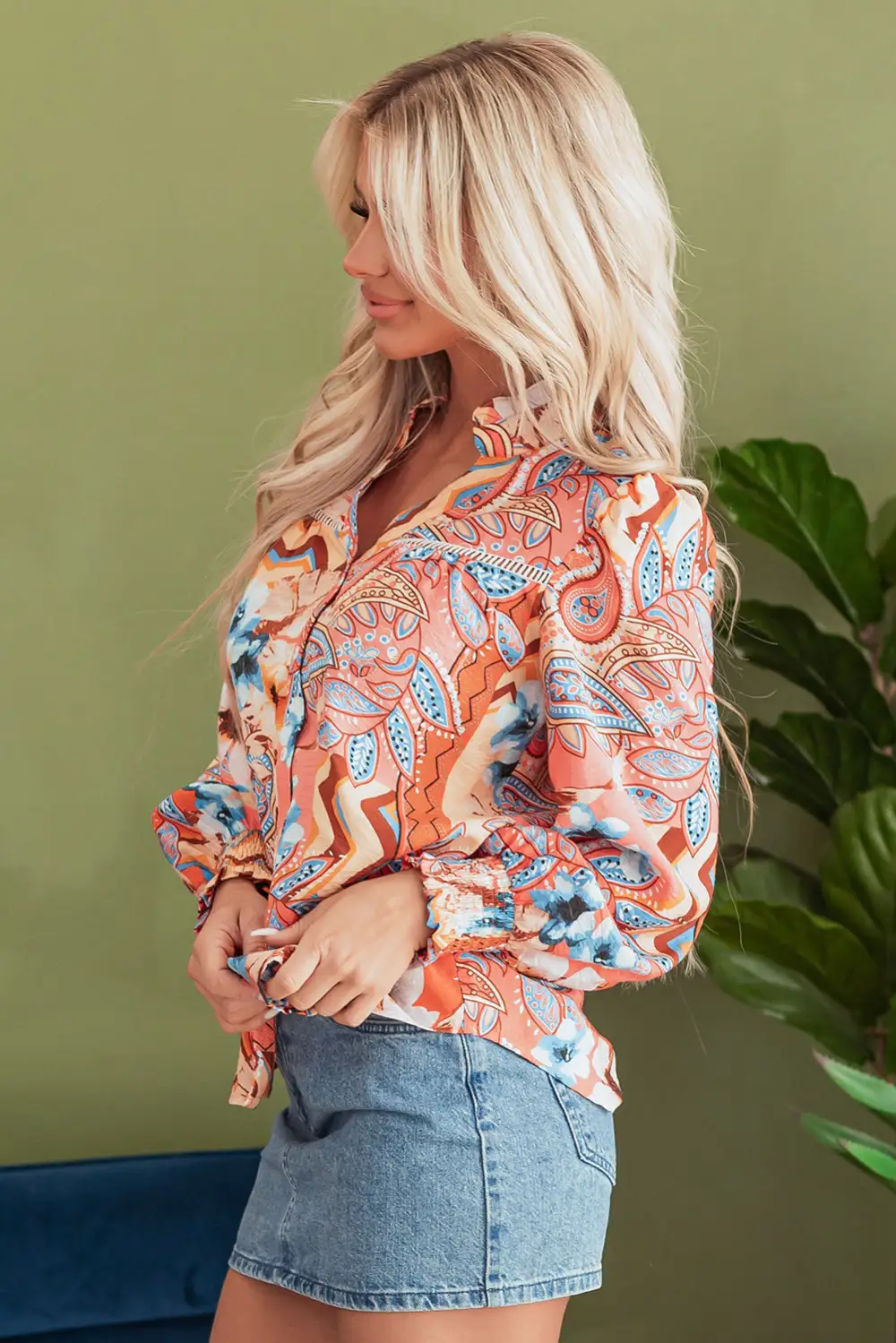 Floral Shirred Relaxed Fit Shirt Blouse