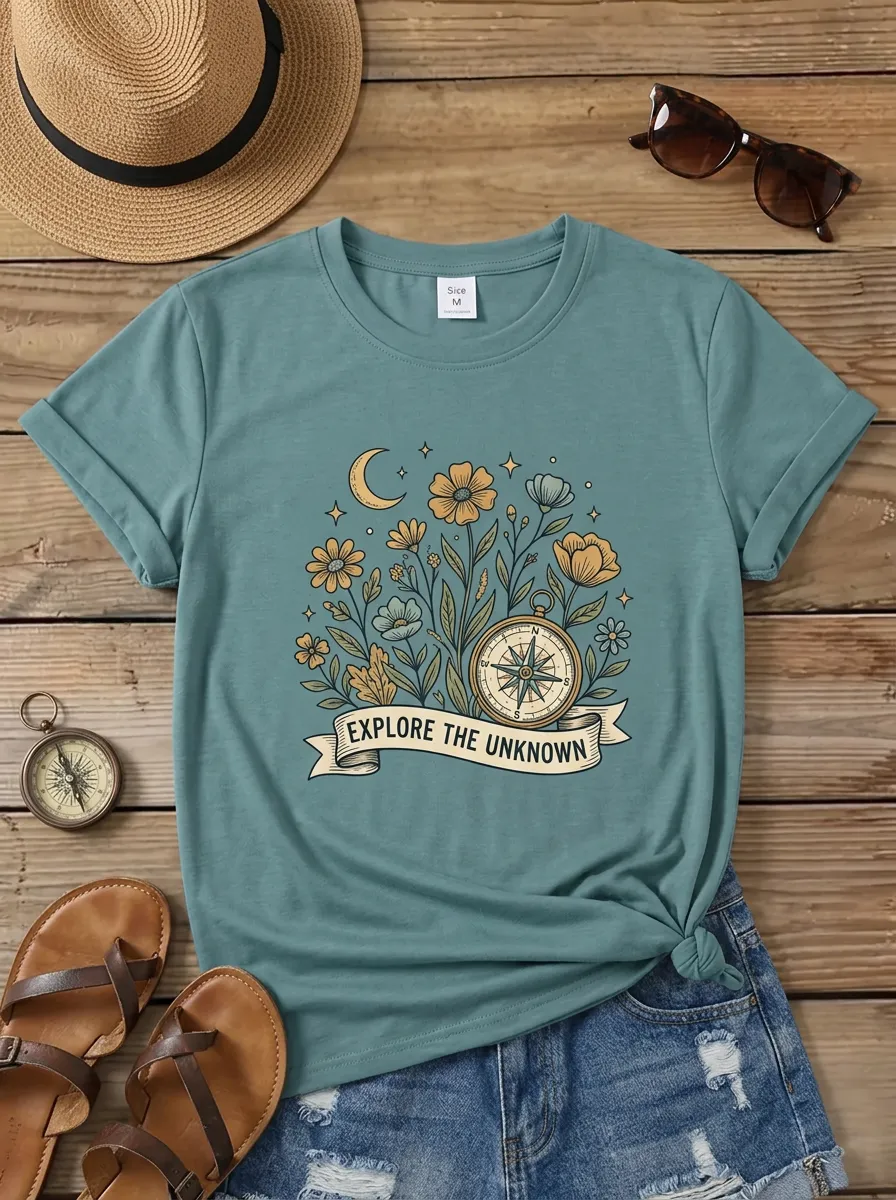 Adventure Lover Compass Floral Moon T-Shirt