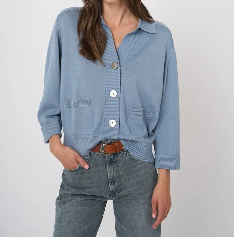Cotton V-Neck Collared Button-Front Cardigan