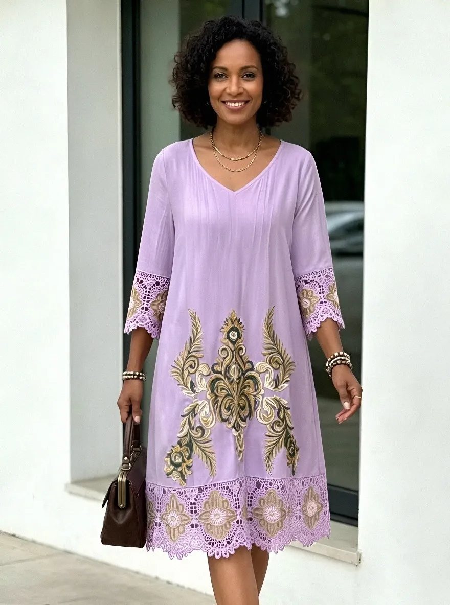 Women's Summer Vacation Olive Floral Embroidered Lace Trimmed Dress
