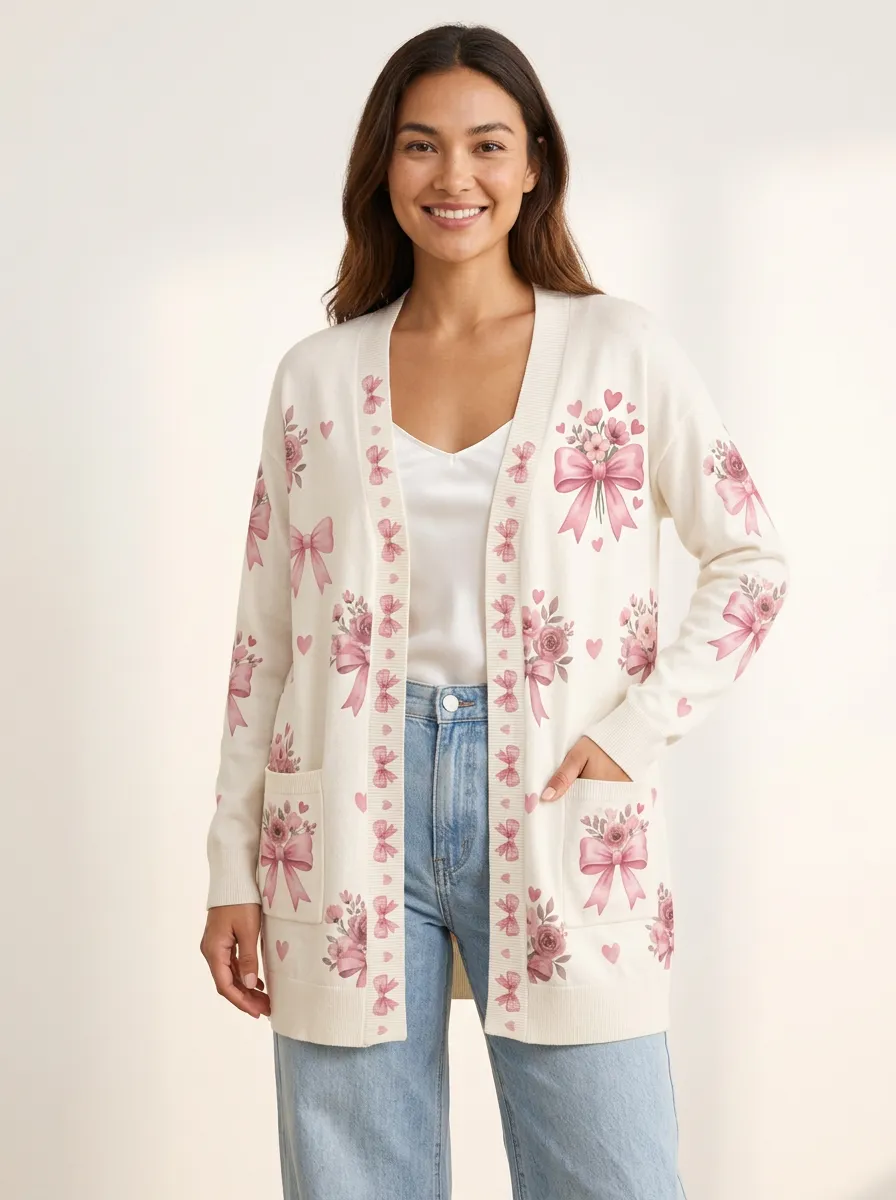 Women's Breast Cancer Awareness Pink Bow Floral Printed Cardigan