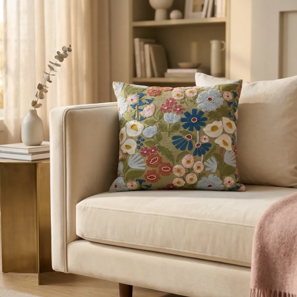 Hand Embroidered Floral Botanical Cotton Square Decorative Cushion Cover