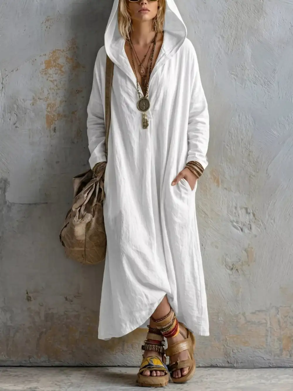 Long Sleeve Hooded Midi Dress With Pockets