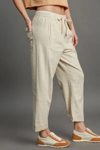 Full Size Drawstring Elastic Waistband Linen Blend Pant