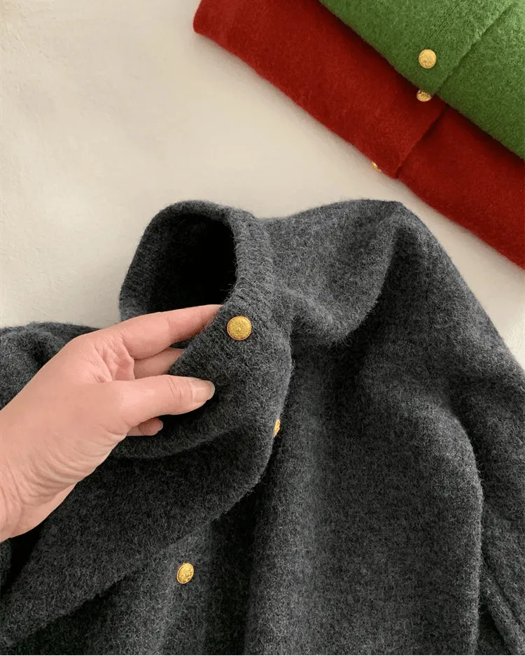 Classic Wool Button-Front Round-Neck Cardigan