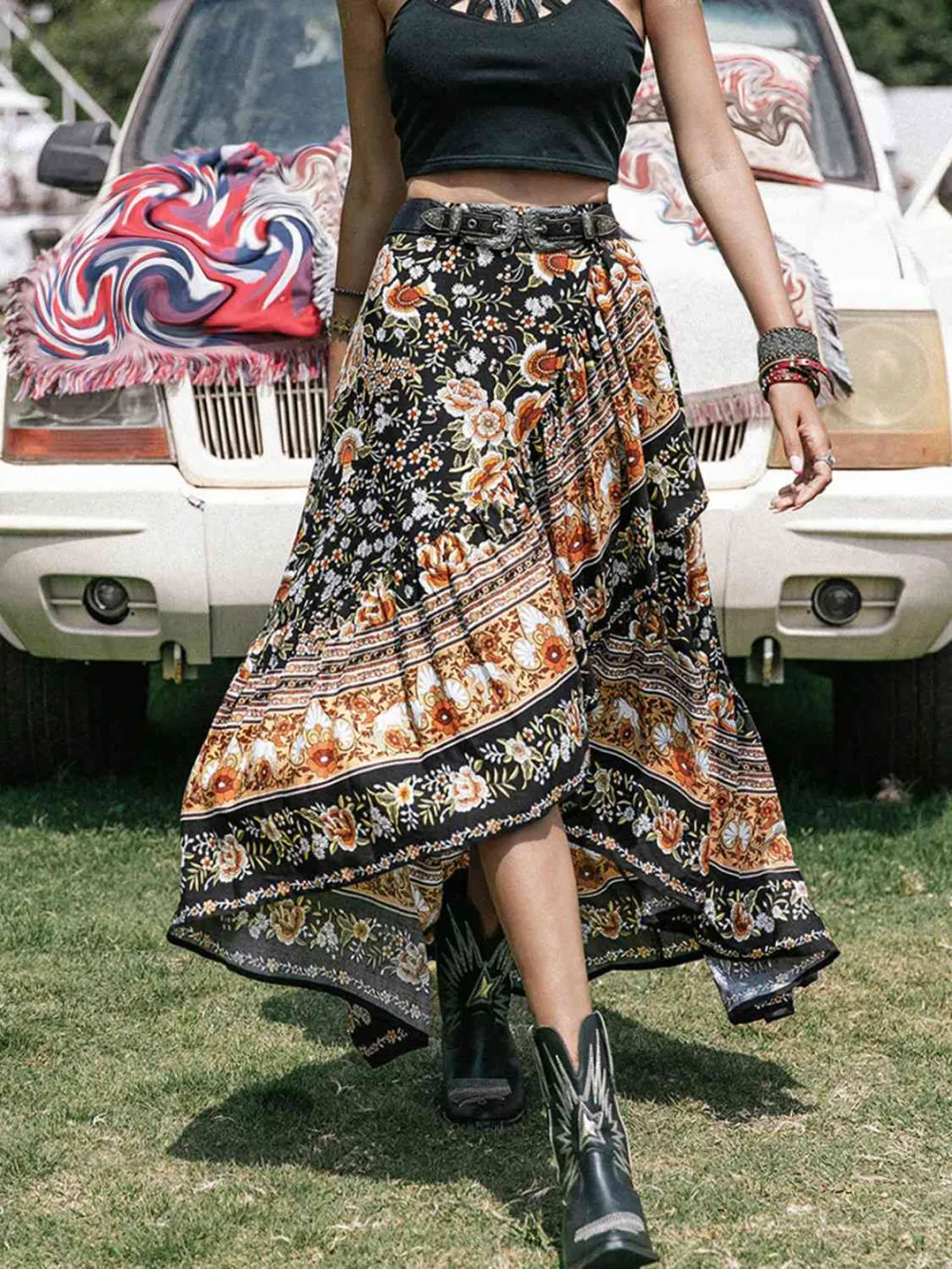 Printed High Low Ruffle Skirt