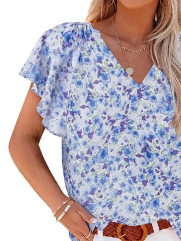 Floral Print Flutter Sleeve V Neck Blouse