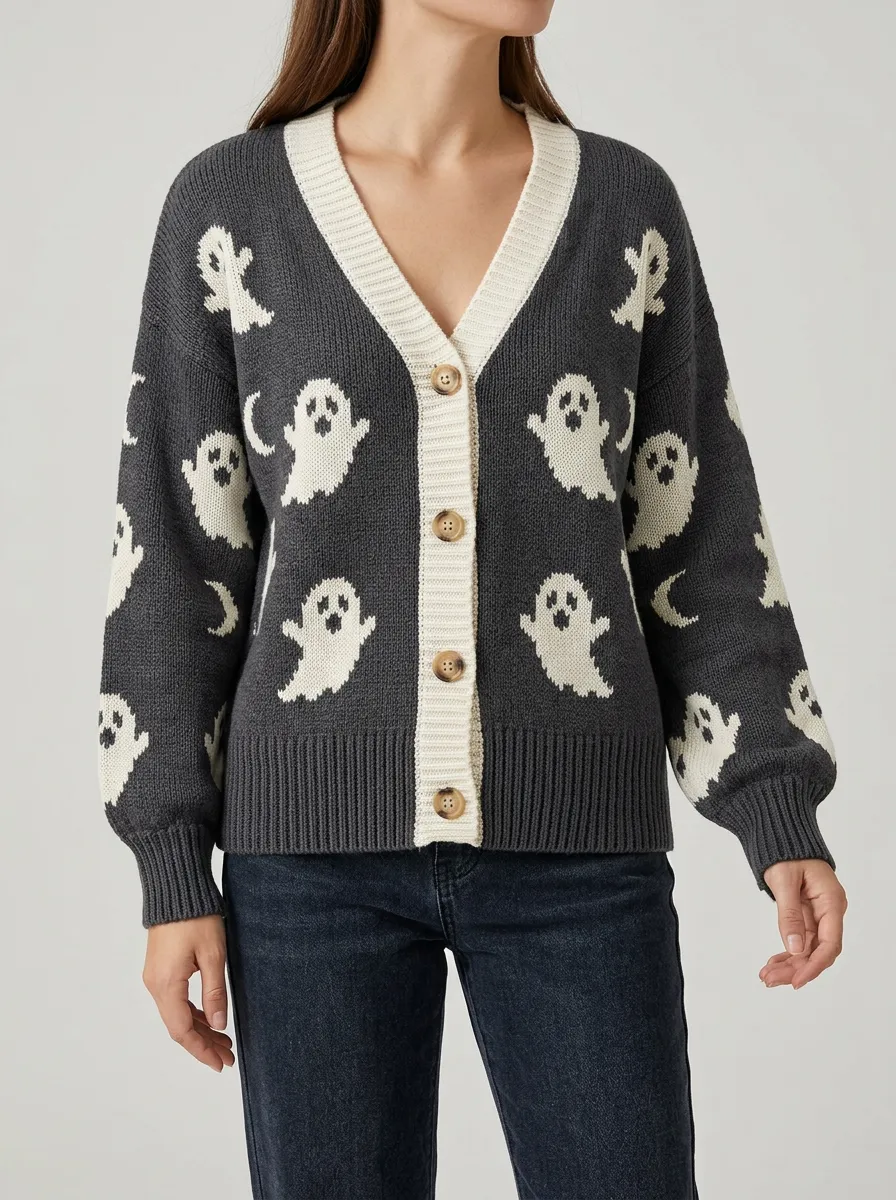 Women's Halloween Ghost Moon Pattern Knitted Cardigan