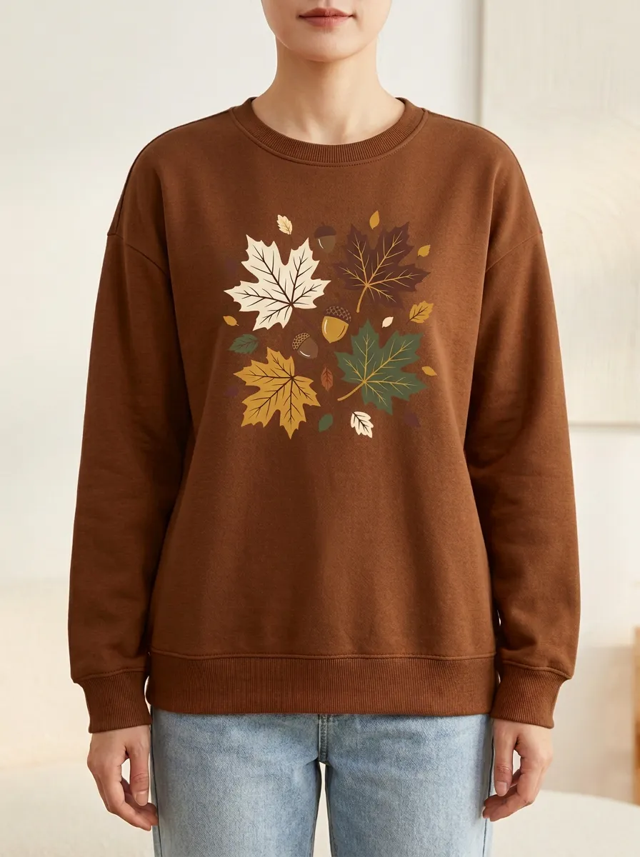 Textured Finish Maple-Leaf Printed Acorn Graphic Sweatshirt