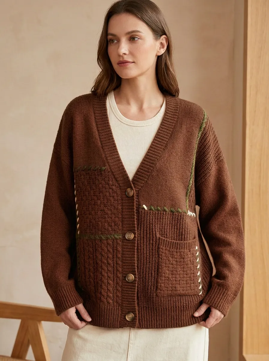 Patchwork Stitching Patterned Women's Knit Cardigan