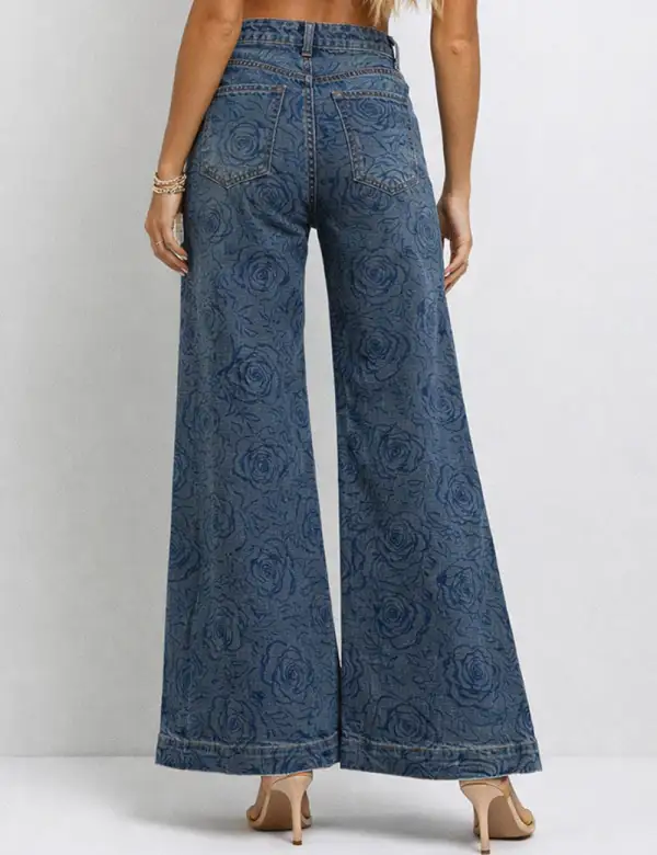 Floral Jacquard Jeans Button Waist Wide Leg Denim Pants