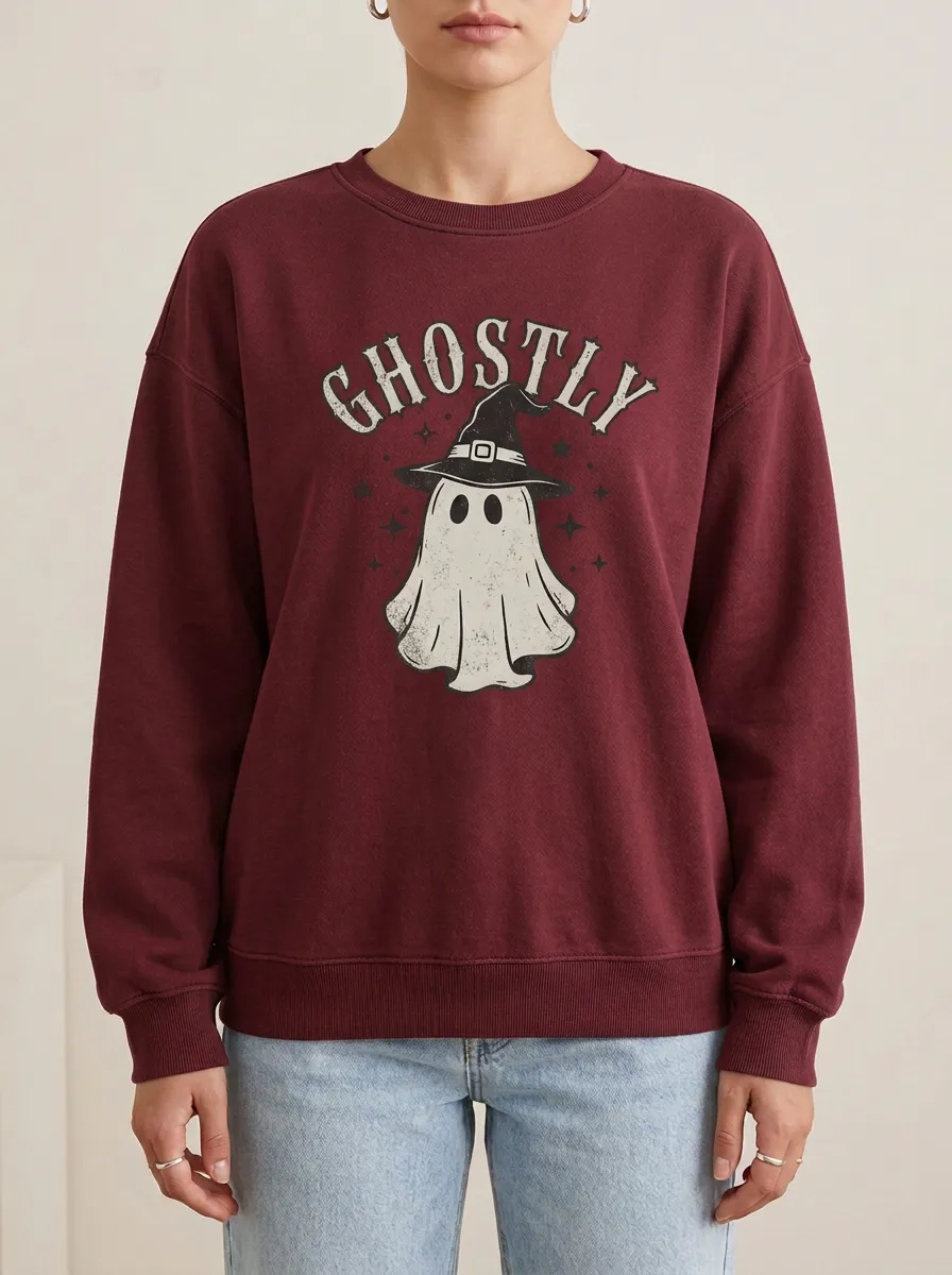 Women's Halloween Ghostly Witch Hat Printed Sweatshirt
