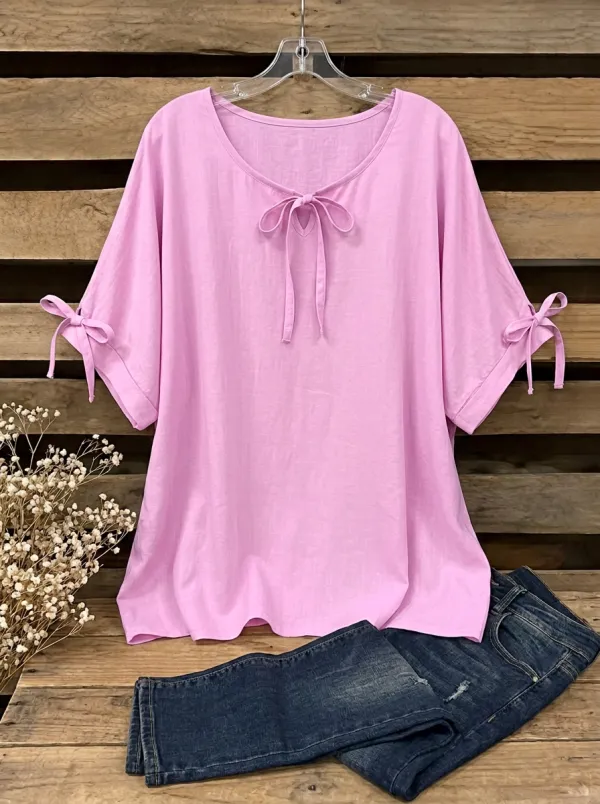 Women's Round Neck Tie-neck Relaxed Blouse