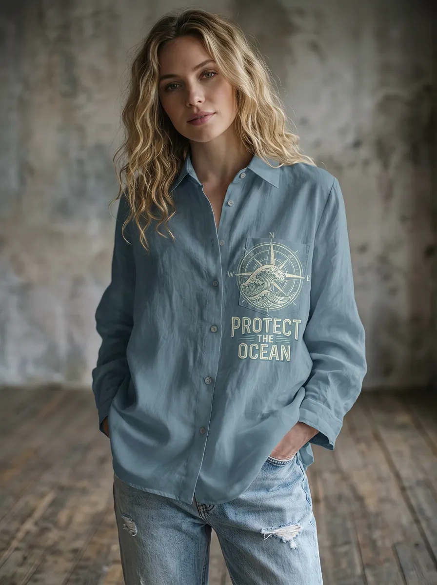Women's Ocean Lover Compass Wave Protect The Ocean Printed Shirt