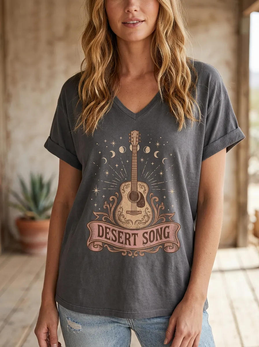 Women's Western Music Lover Desert Song Guitar Printed V-Neck T-Shirt