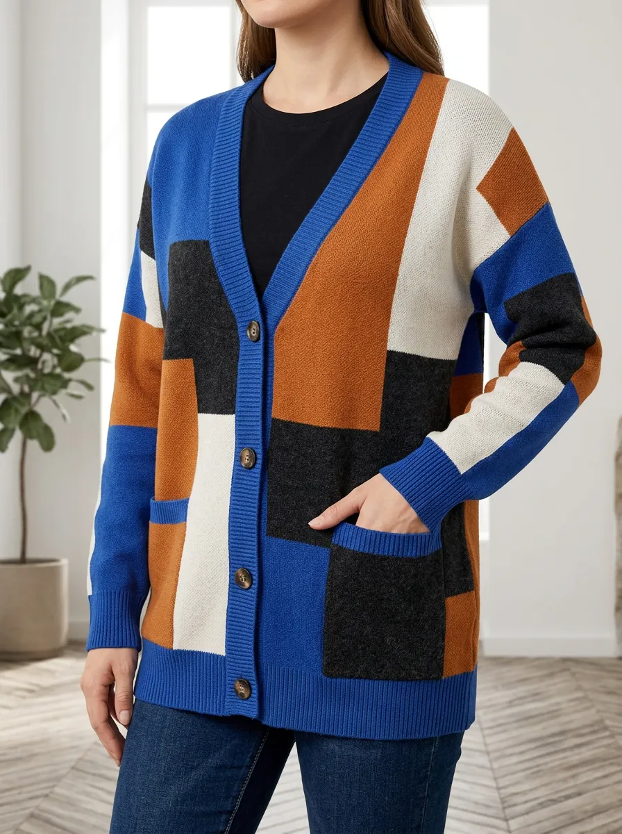 Women's Geometric Colorblock Pattern Printed Dropped Shoulder Casual Style Cardigan