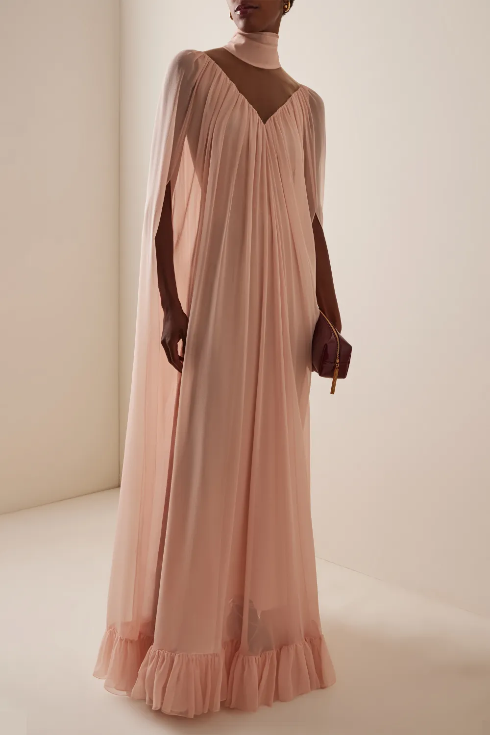 Chiffon Ruffle Cape Sleeve Maxi Dress