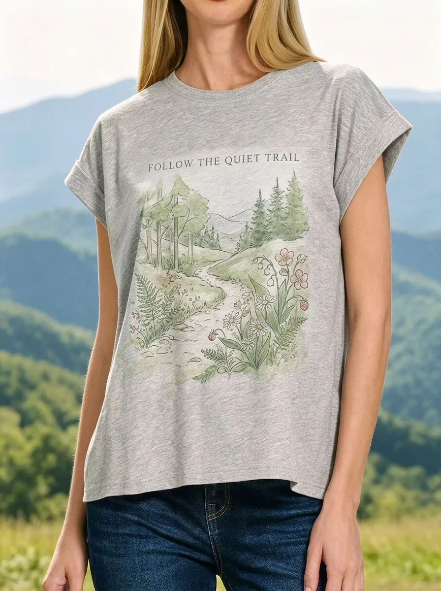 Women's Nature Lover Forest Trail Wildflower Printed T-shirt