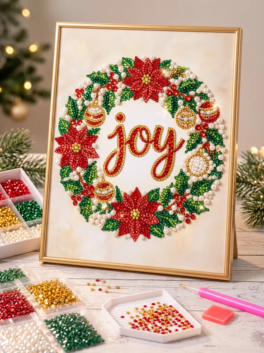 Joy Poinsettia Wreath Pearl-Accent Christmas DIY Diamond Painting Kit