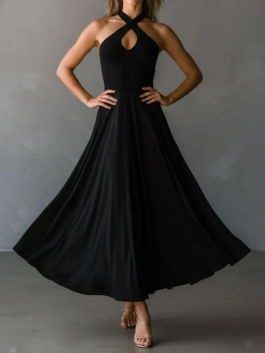 Retro Black Halter Cross Tie-back A-Line Midi Dress