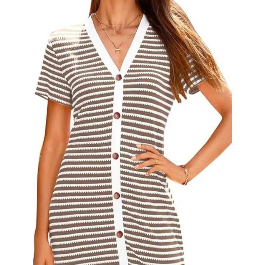 Contrast V-Neck Short Sleeve Midi Dress