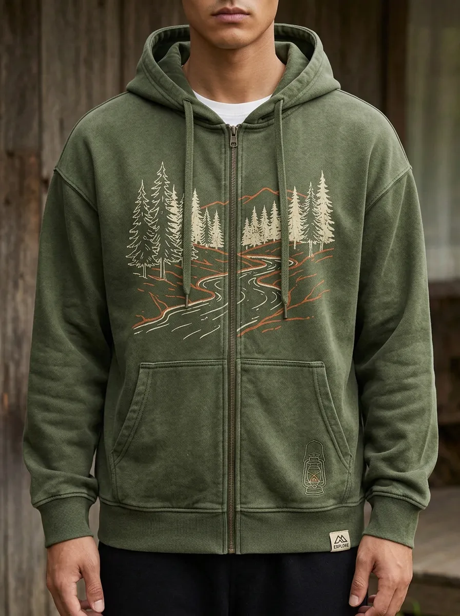 Men's Nature Adventure Forest River Printed Zip-up Hoodie