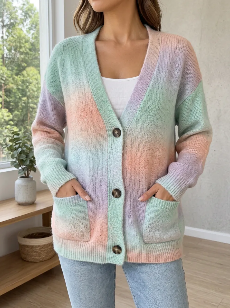 Women's Pastel Ombre Striped Knitted Button Down Cardigan