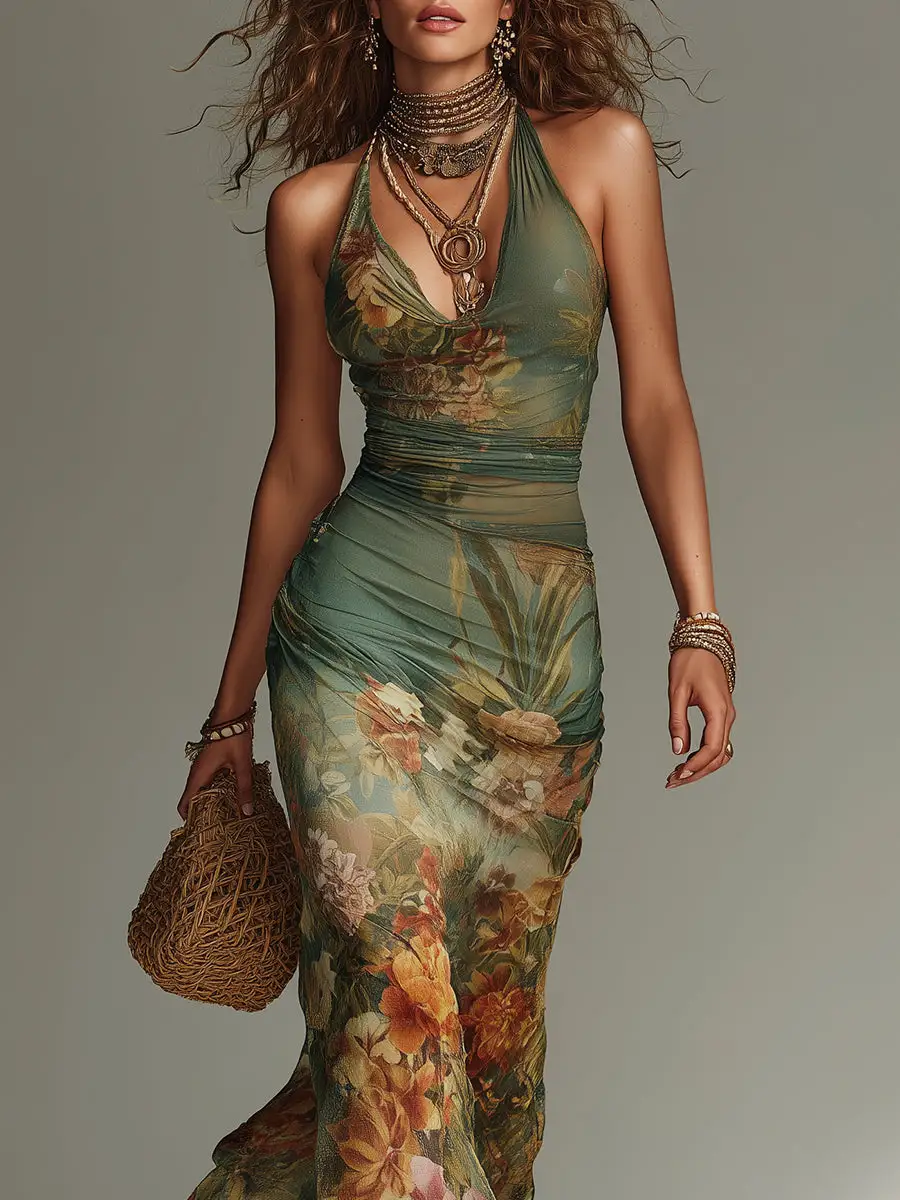 Retro Oil Painting Floral Print Slim-Fit Mesh Maxi Dress