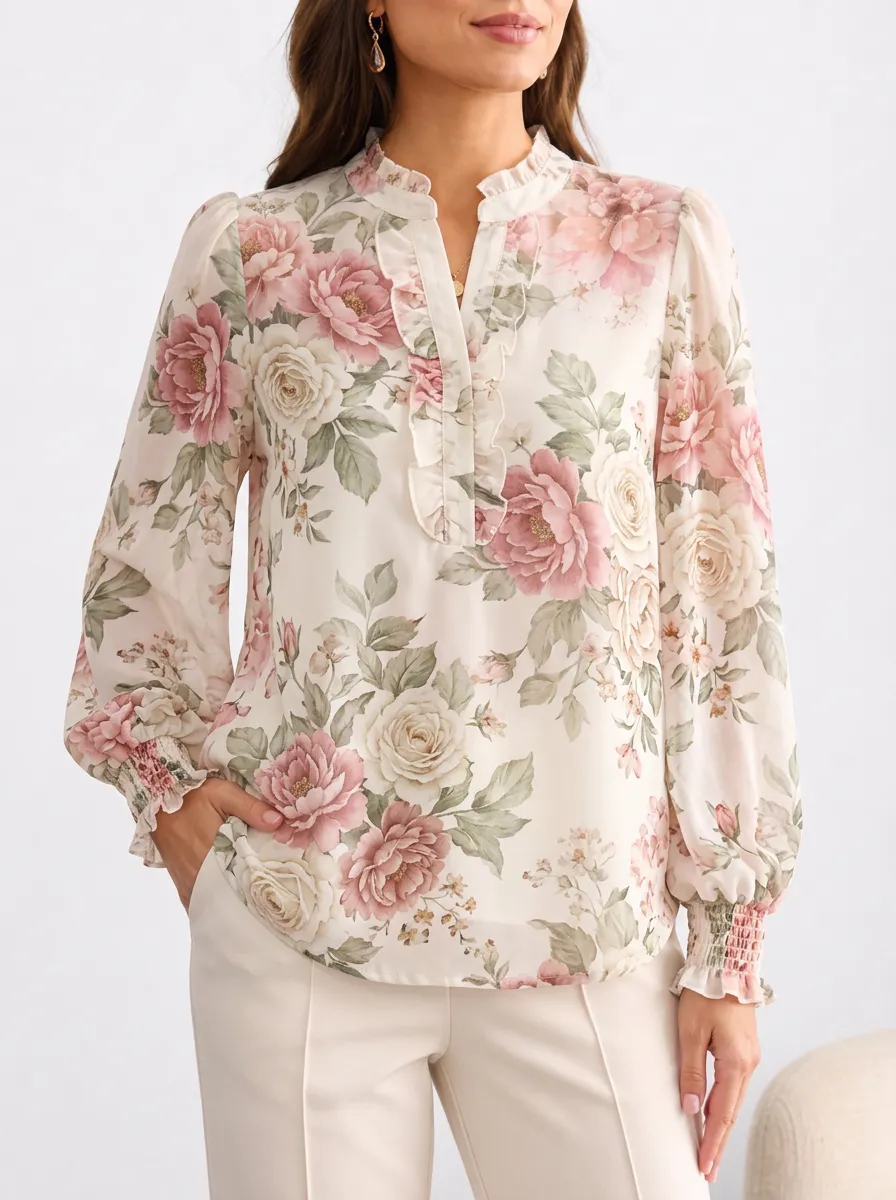Women's Vintage Floral Pattern Ruffle Trim Printed Blouse