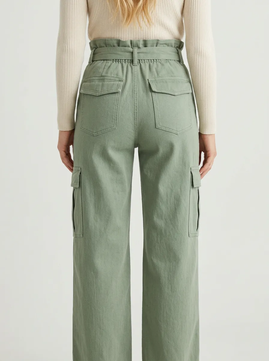 Women's Western Style Sage Green Tie-Waist Cargo Pants
