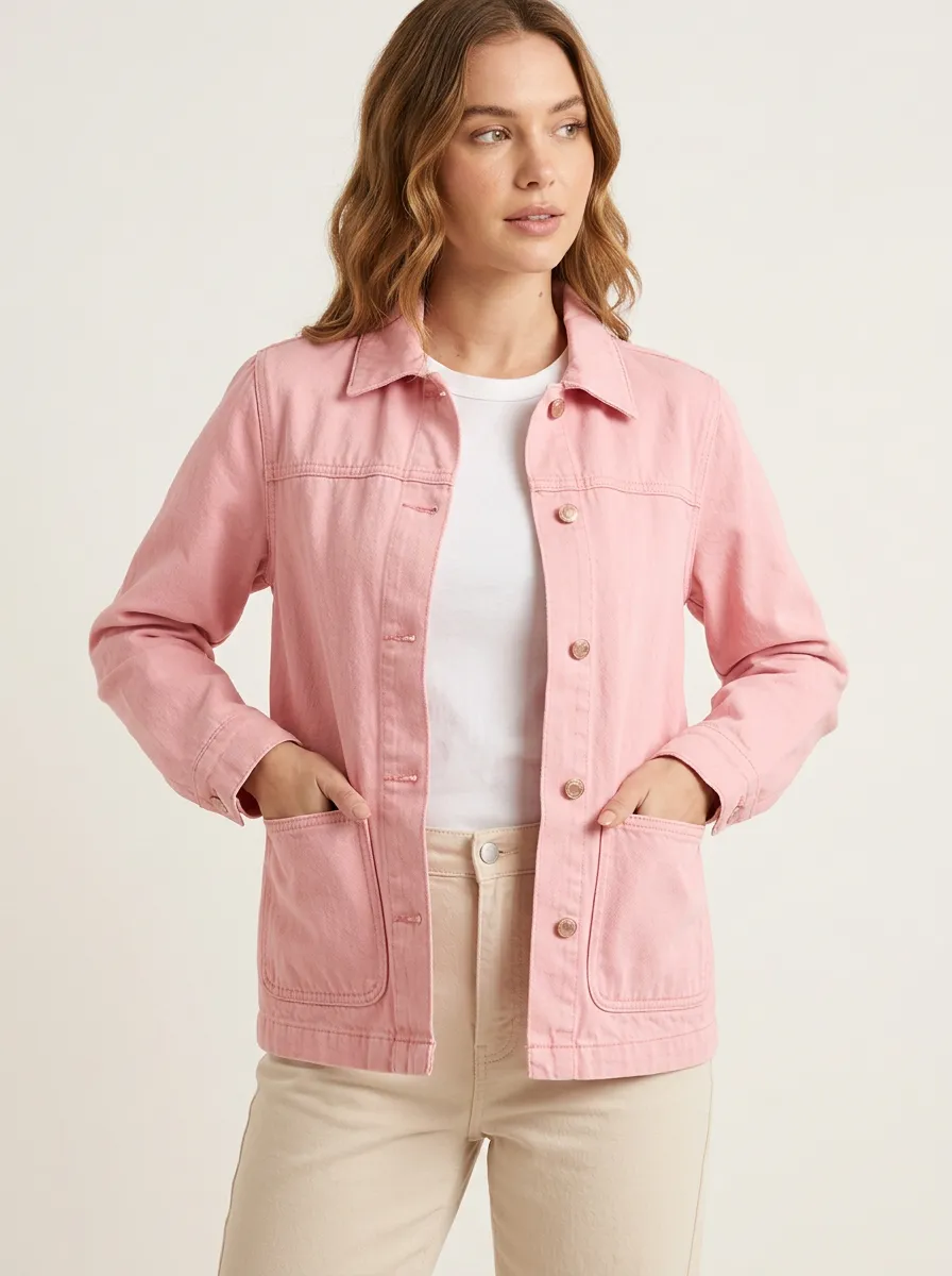 Women's Casual Pink Denim Button-Down Jacket