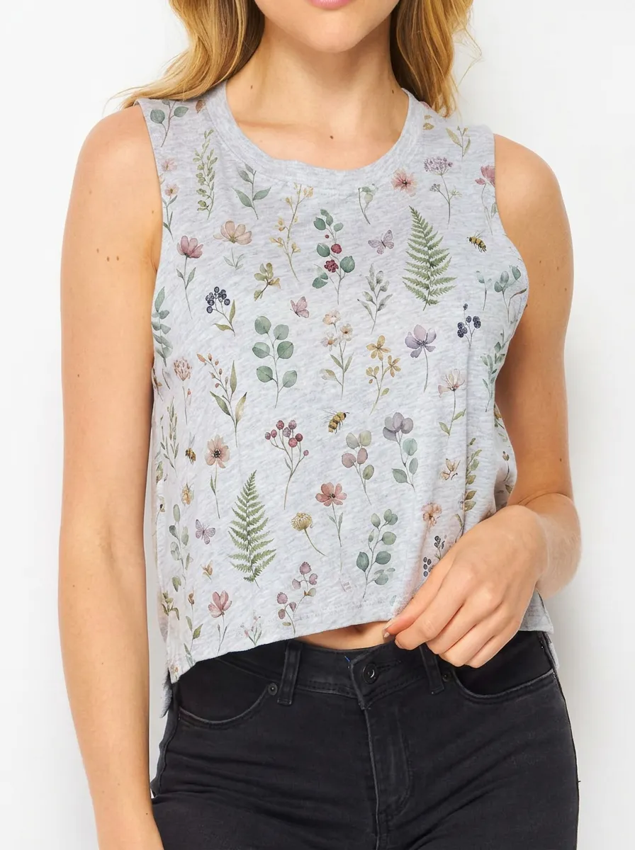Women's Nature Lover Wildflower Bee Fern Printed Tank Top