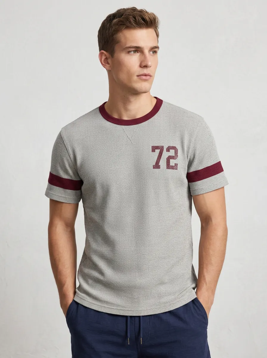 Men's Vintage Sporty 72 Number Printed Waffle Knit T-shirt