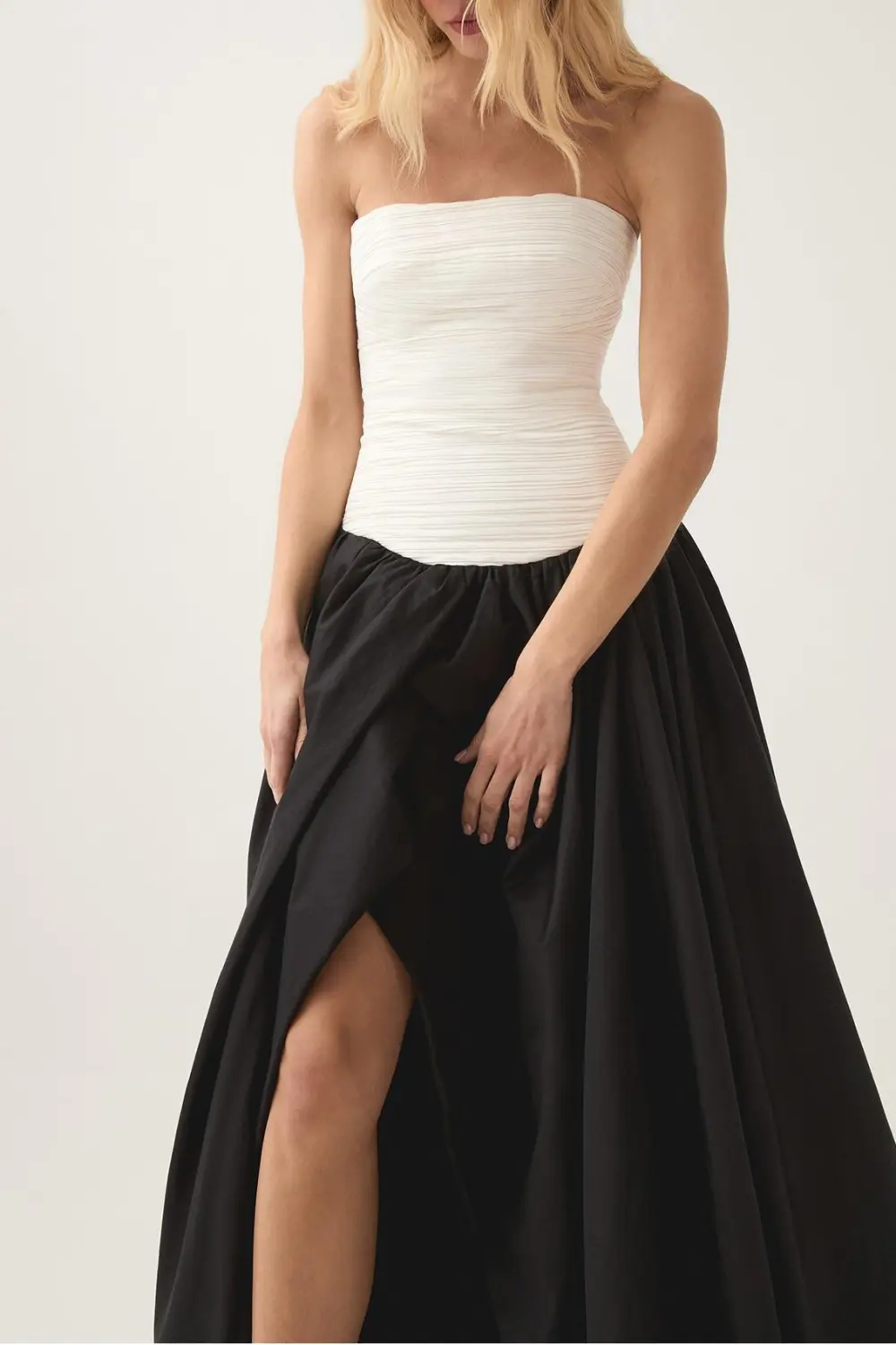 Off-Shoulder Pleat Split Solid Maxi Dress