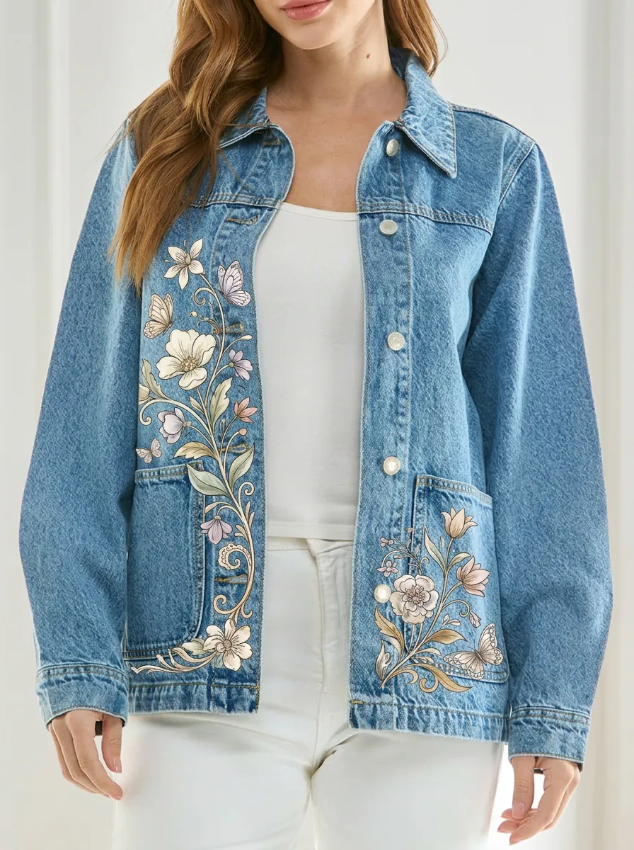 Women's Floral Butterfly Nature Lover Printed Denim Jacket